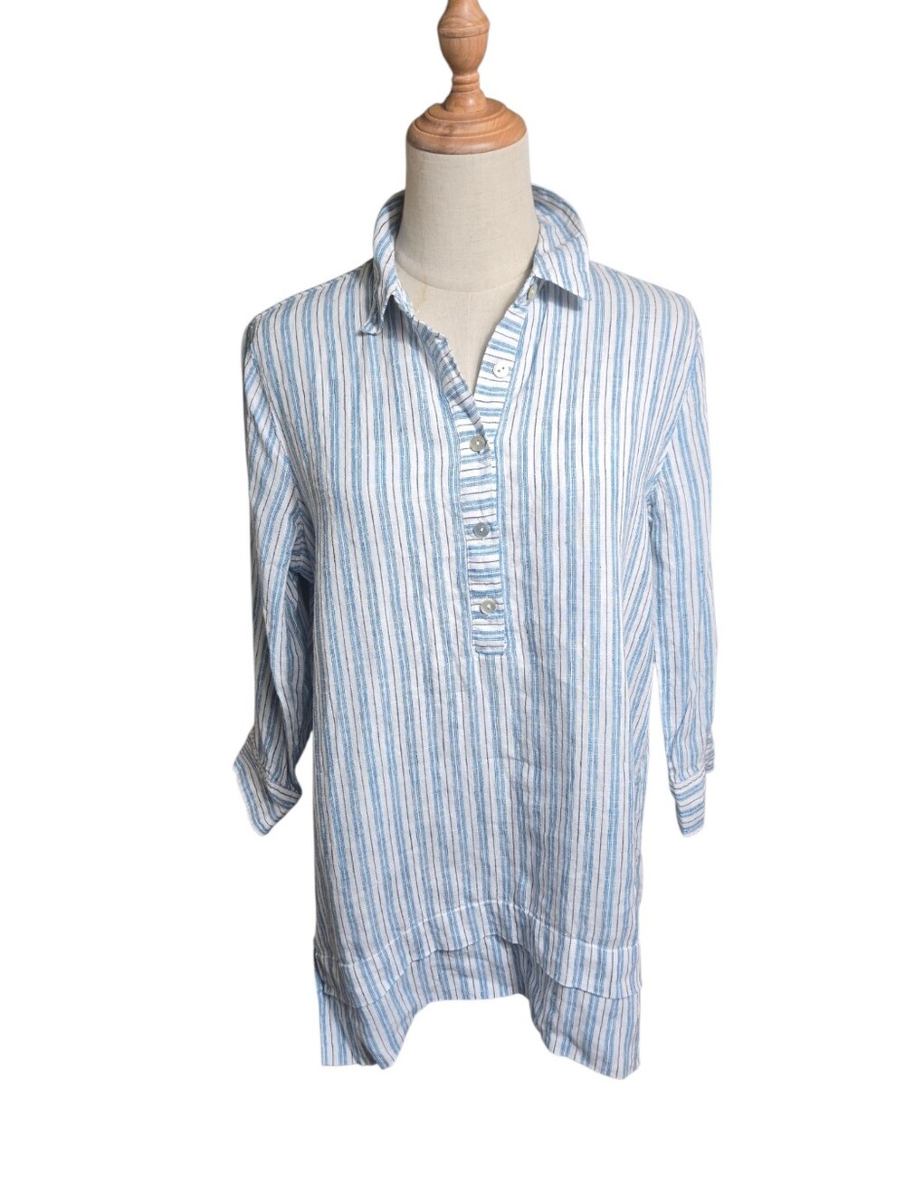 J. Jill Love Linen White Linen Top with Blue and Navy Stripes